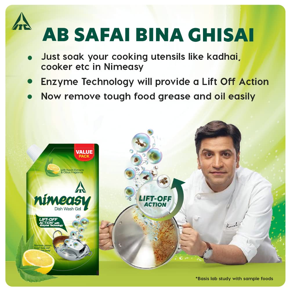Nimeasy Dishwashing Liquid Gel Refill Value Pack - 900ml Enzyme-Powered Kitchen & Utensil Cleaner with Neem Extracts & Citrus Fragrance | Tough Grease Removal for Pots, Pans & Dishes