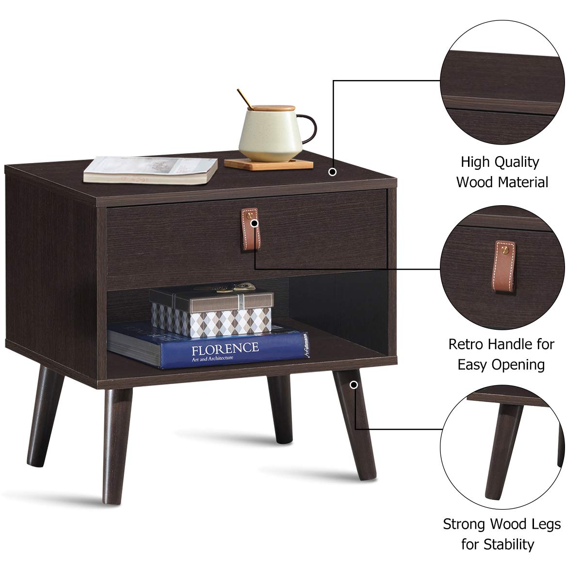 Mid-Century Modern Wooden Nightstand with Drawer and Shelf - Bedside End Table for Bedroom, Living Room & Sofa - Perfect for Storing Books, Lamps & Bedroom Essentials
