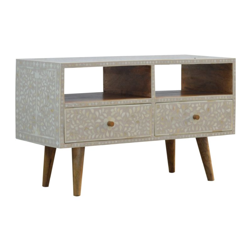 Handmade Bone Inlay Floral Pattern TV Stand | White Console Table for Living Room, Bedroom & Entryway - Elegant Home Decor Furniture