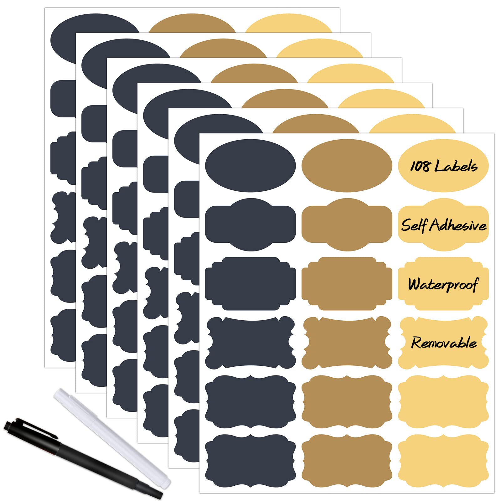108pcs Colorful Chalkboard Labels for Food Containers with 2 Markers - Waterproof Removable Self-Adhesive Stickers for Kitchen Spice Jars, Bottles & Pantry Organization - Perfect for Meal Prep, Storage Bins & Home Organization
