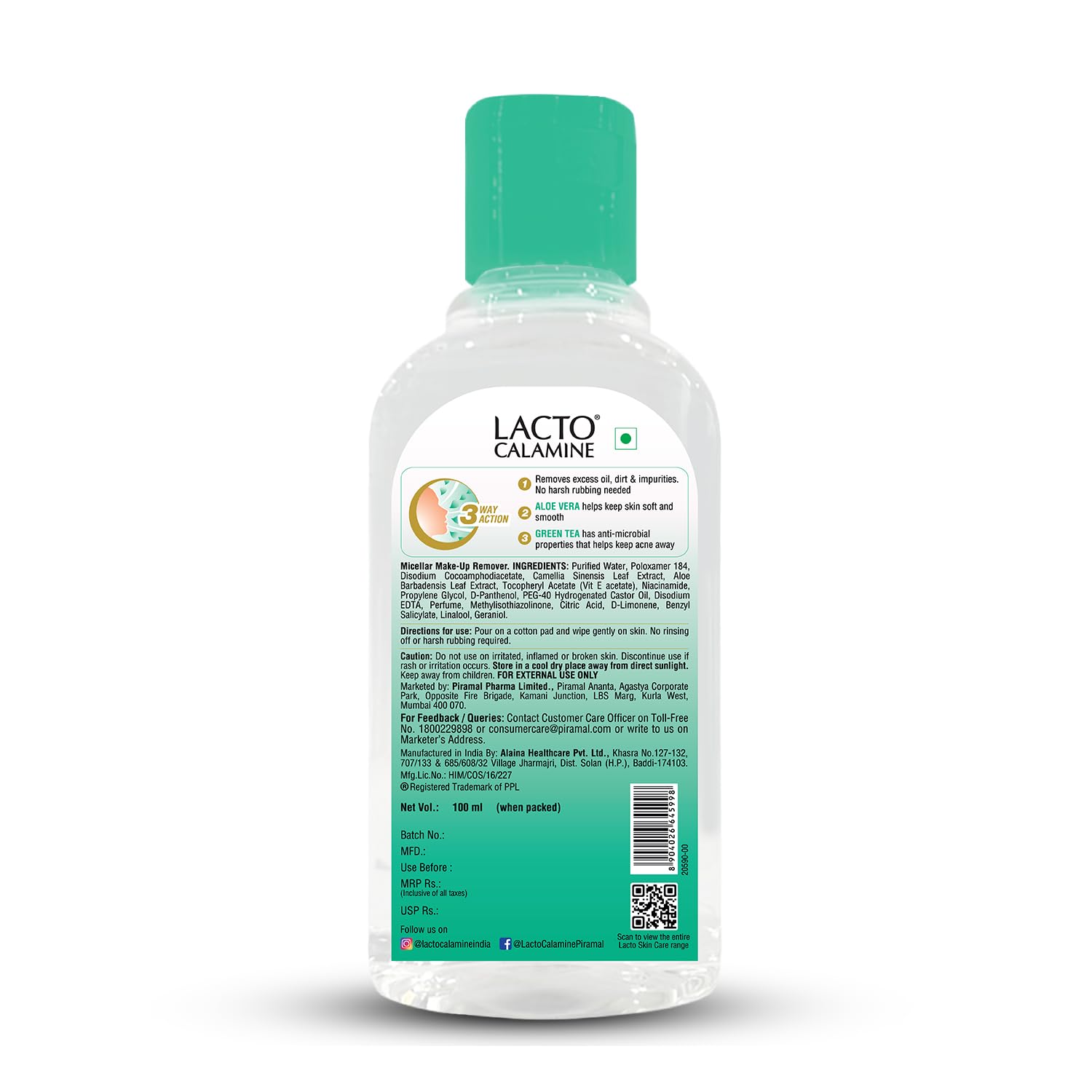 Lacto Calamine Micellar Water Makeup Remover - 2 Pack (100ml Each) | Aloe Vera, Green Tea & Niacinamide | Alcohol-Free Cleansing Water for Face | Removes Makeup, Excess Oil & Impurities | Perfect for Daily Skincare & Travel