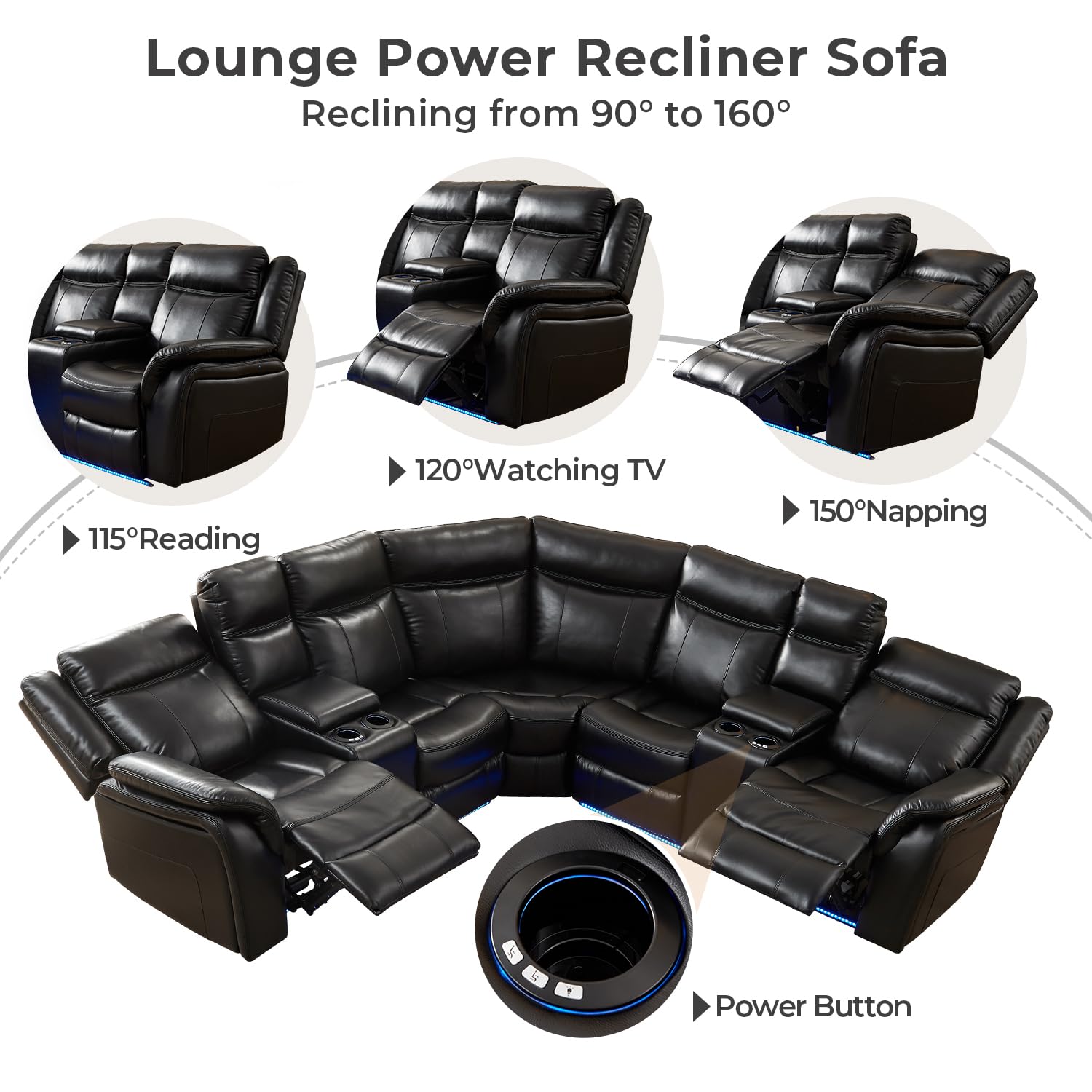Power Recliner Sectional Sofa with LED Lights, USB Charger & Cup Holders - Faux Leather Reclining Corner Couch Set with 2 Home Theater Seats & Storage Console - Black - Perfect for Living Room, Home Theater & Family Movie Nights