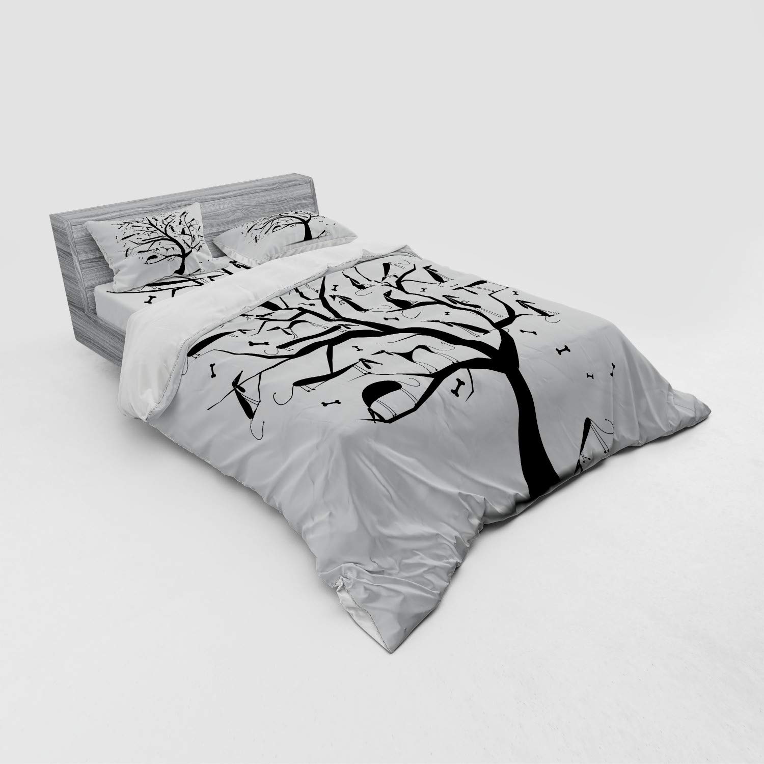 Ambesonne Abstract Bedding Set - Monochrome Autumn Tree with Dachshund Silhouettes, 4-Piece Duvet Cover Set with Shams & Fitted Sheet, Queen Size Black & White - Cozy Fall Bedroom Decor for Pet Lovers