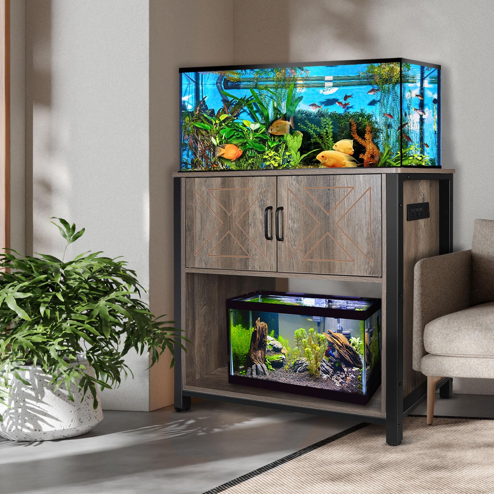 40 Gallon Aquarium Stand with Cabinet & Power Outlets - Heavy Duty Metal Fish Tank Stand for 40-50 Gallon Breeder & Turtle Tanks - Double Terrarium Stand with 660LBS Capacity, Grey - Perfect for Reptile Enclosures & Aquatic Pet Habitats