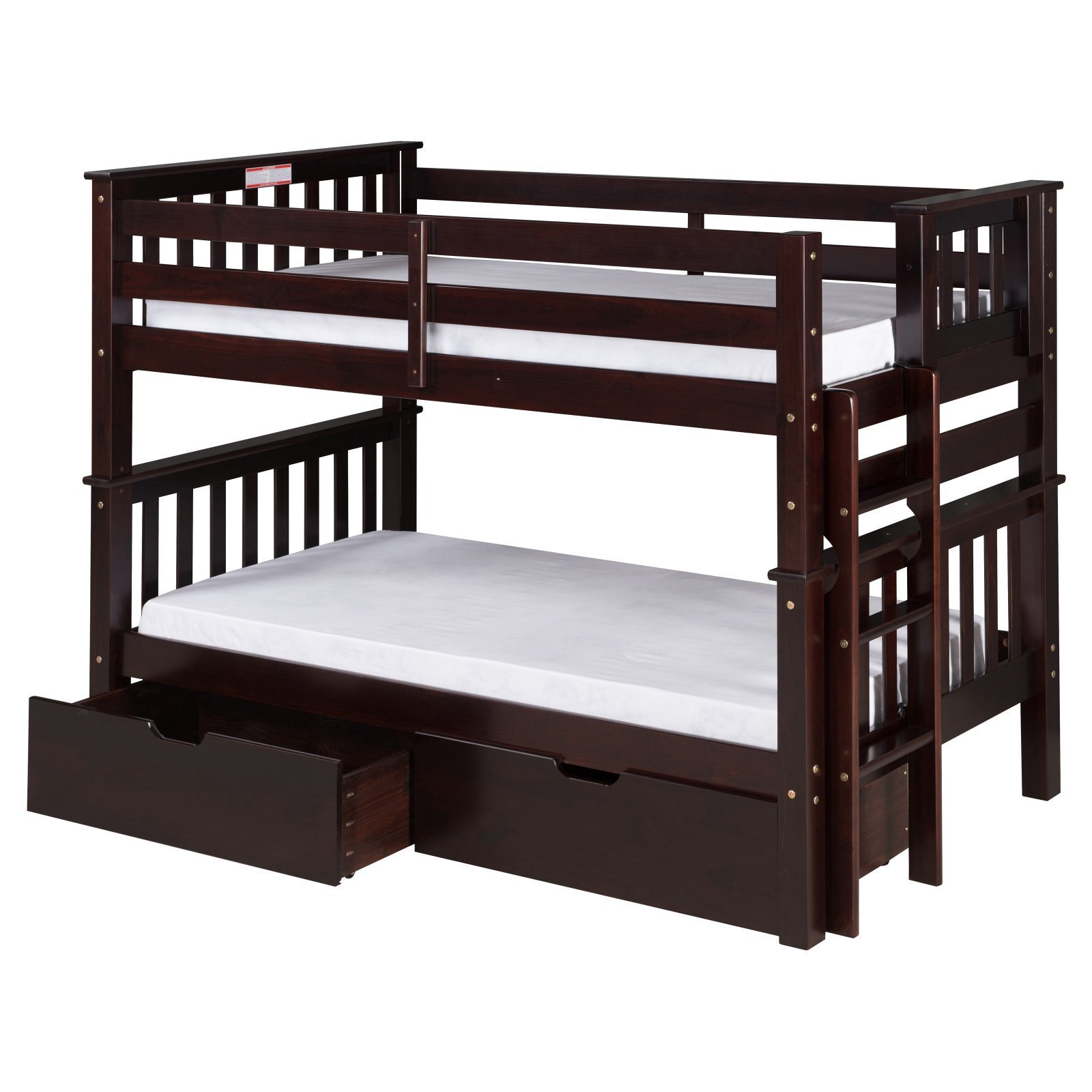 Camaflexi Santa Fe Mission Low Bunk Bed Twin Over Twin with End Ladder - White Finish - Space Saving Kids Bedroom Furniture for Small Rooms & Shared Spaces