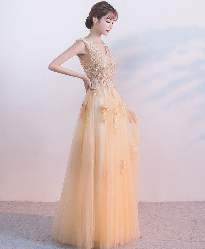 Elegant Champagne Tulle Lace Long Prom Dress - A-Line Evening Gown for Formal Dances & Special Occasions | Perfect for Homecoming, Prom Night & Black Tie Events