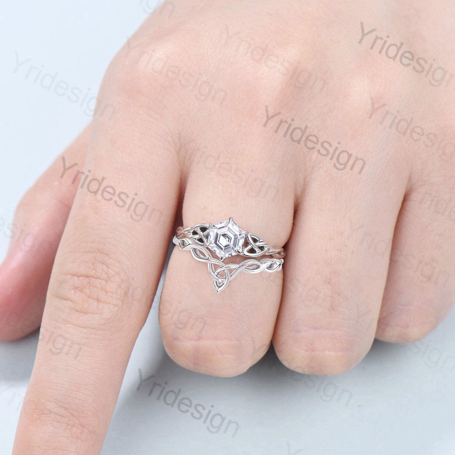 Viking Hexagon Moissanite Ring Set - Celtic Love Knot Engagement Ring in White Gold, Unique Twisted Wedding Band for Women - Perfect for Norse-Themed Weddings, Anniversary Gifts & Celtic Jewelry Lovers