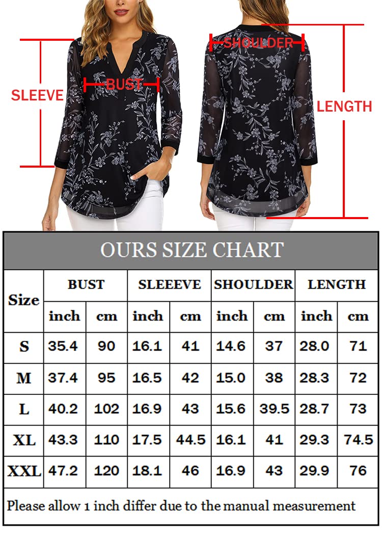 Supnier Women's 3/4 Sleeve V-Neck Floral Print Mesh Blouse - Loose Fit Tunic Top for Casual Wear, Office & Date Night Outfits