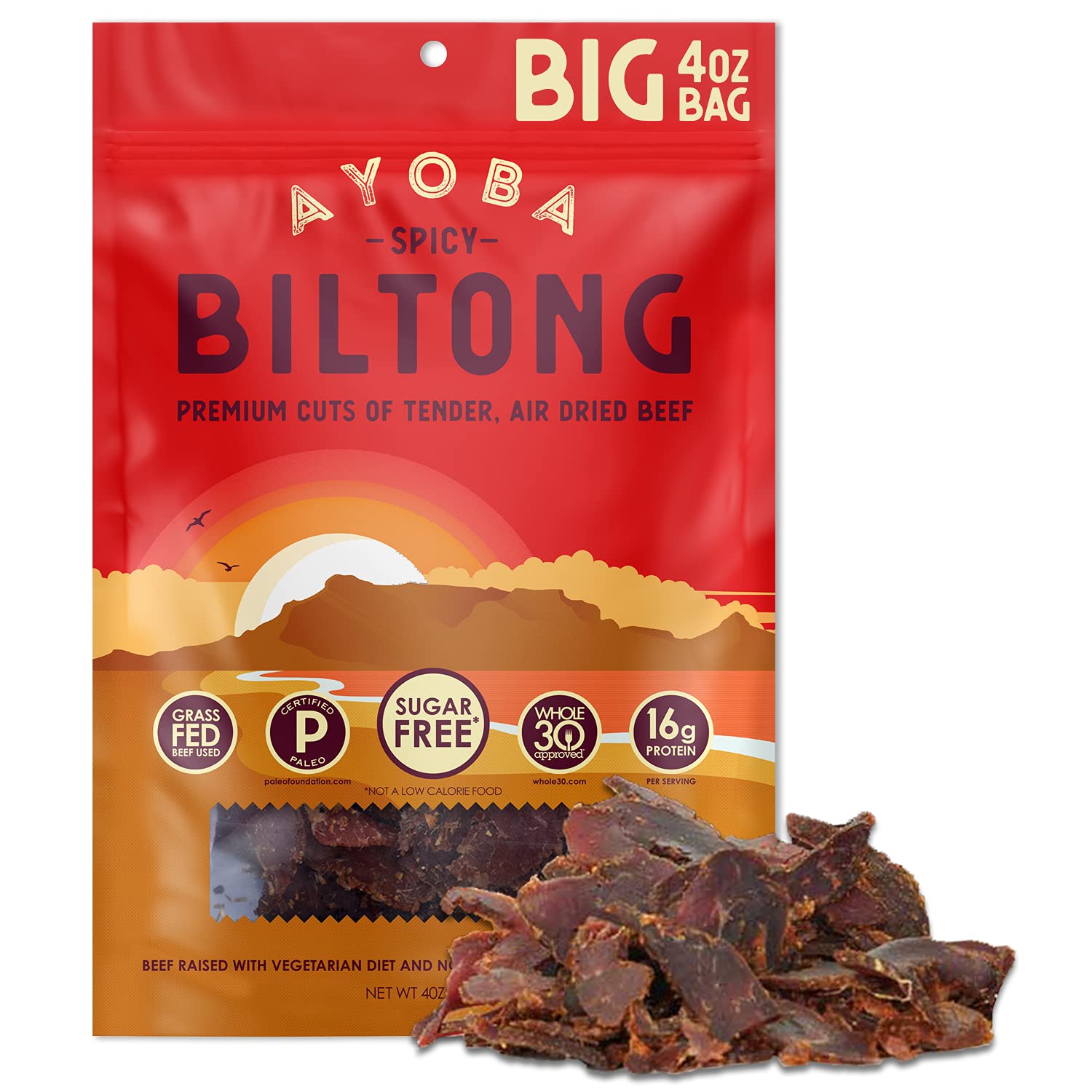 Premium Ayoba Spicy Grass-Fed Beef Biltong Slices (4oz) | Keto, Paleo & Whole30 Approved | Gluten-Free, Sugar-Free, Low-Carb Snack | High-Protein Air-Dried Meat Jerky | Perfect for Hiking, Camping & Office Snacks