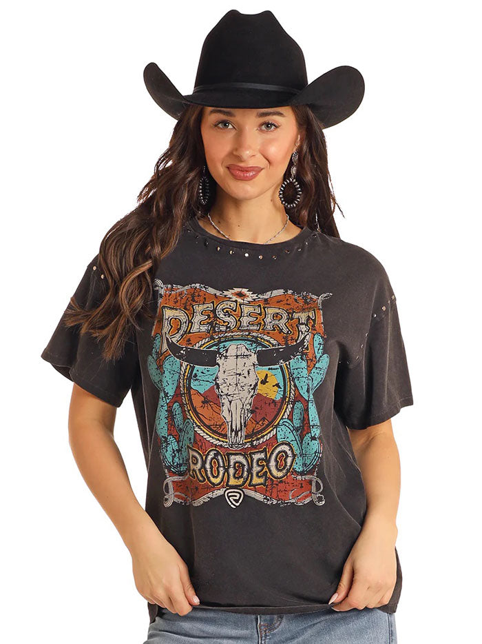 Rock & Roll Denim BW21T05421 Women's Studded Desert Rodeo Oversized T-Shirt - Black | Vintage Western Style Tee for Concerts, Festivals & Casual Outfits