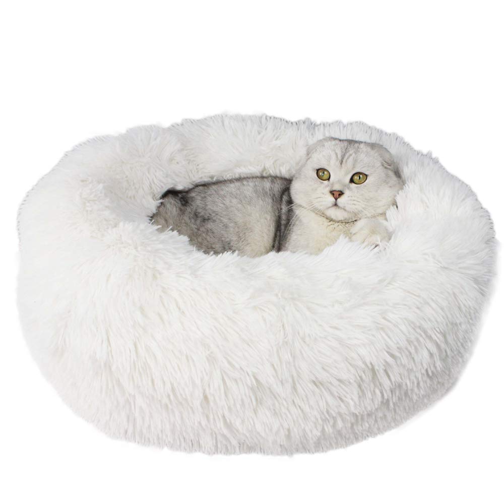 Plush Self-Warming Round Dog Bed - Washable Donut Cuddler Pet Bed for Small to Medium Dogs (100cm, White) | Cozy Winter Sleeping & Calming Comfort for Puppies, Cats & Pets