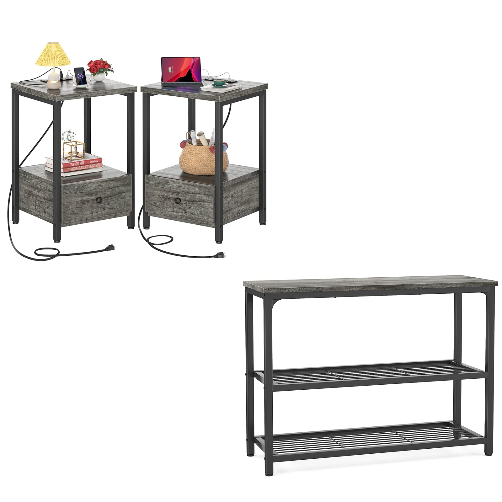 Ecoprsio Sofa Table Console Table with Double Mesh Shelves - Set of 2 Nightstands with USB Charging Station, Modern Gray Side Table for Living Room, Bedroom & Entryway