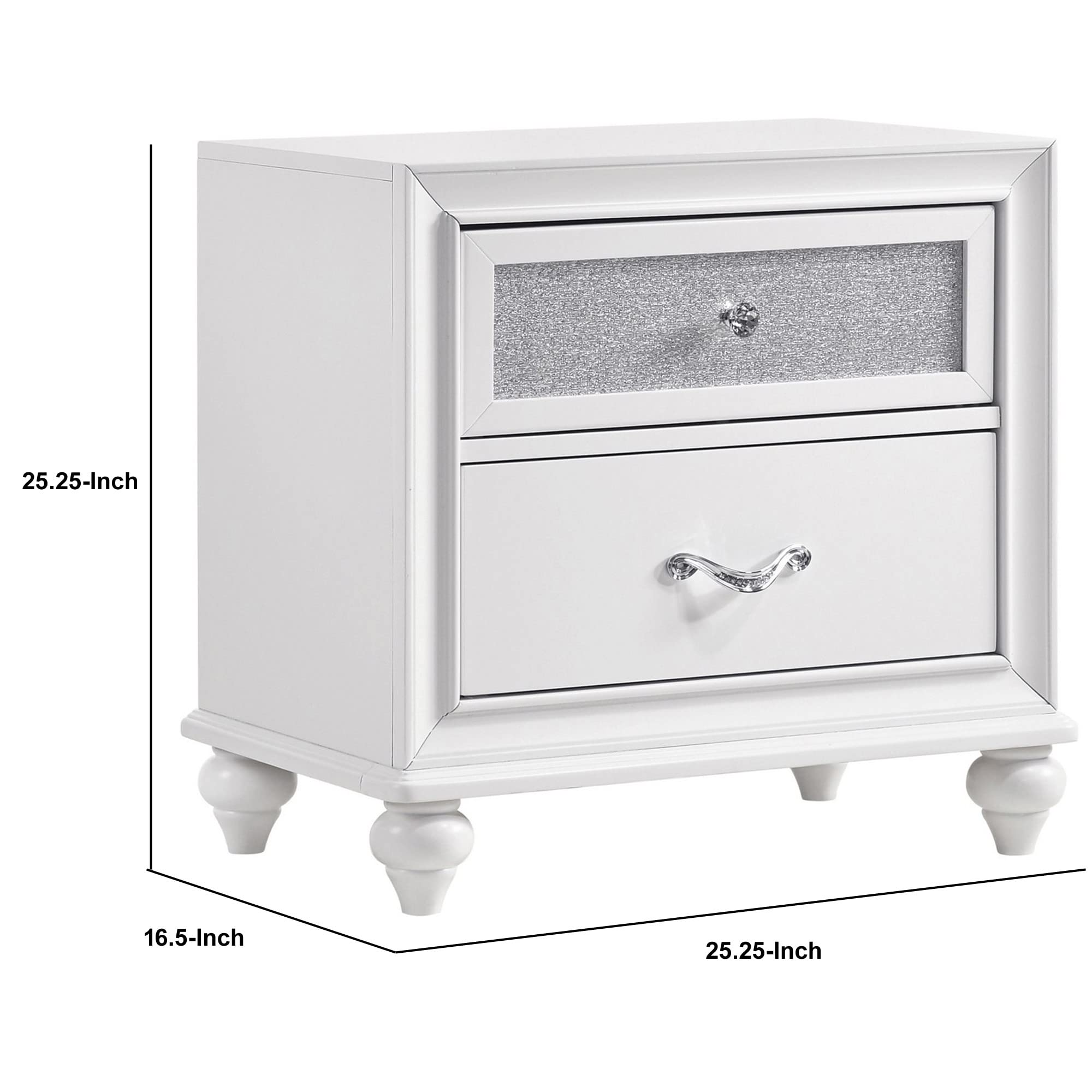 Benjara White Nightstand with 2 Drawers - Glittery Acrylic Front Bedside Table for Bedroom, Living Room & Guest Room - Modern Storage End Table with Smooth Gliding Drawers