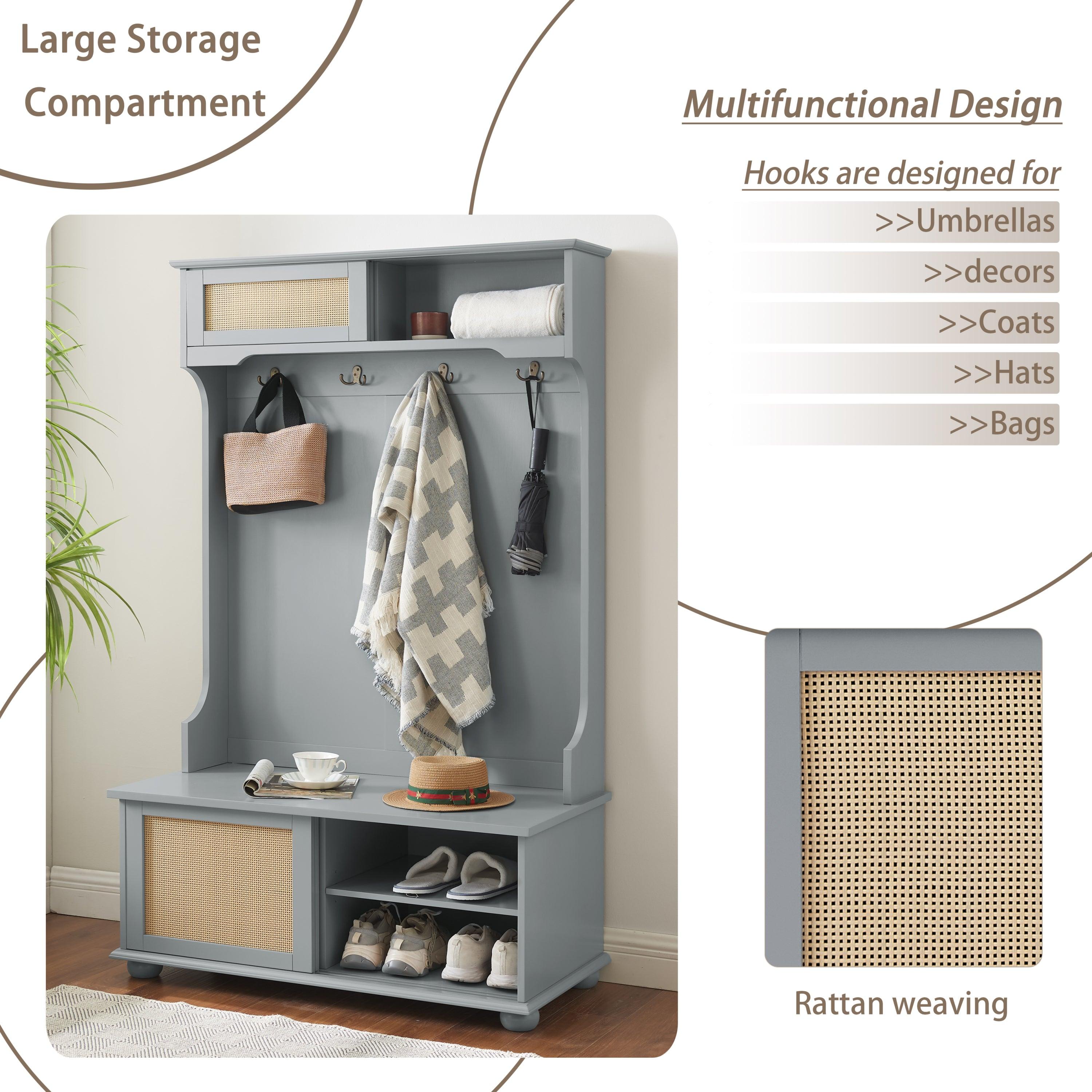 Stylish Gray Entryway Bench with Rattan Shelves & Shoe Storage - Solid Wood Hall Tree (40.16