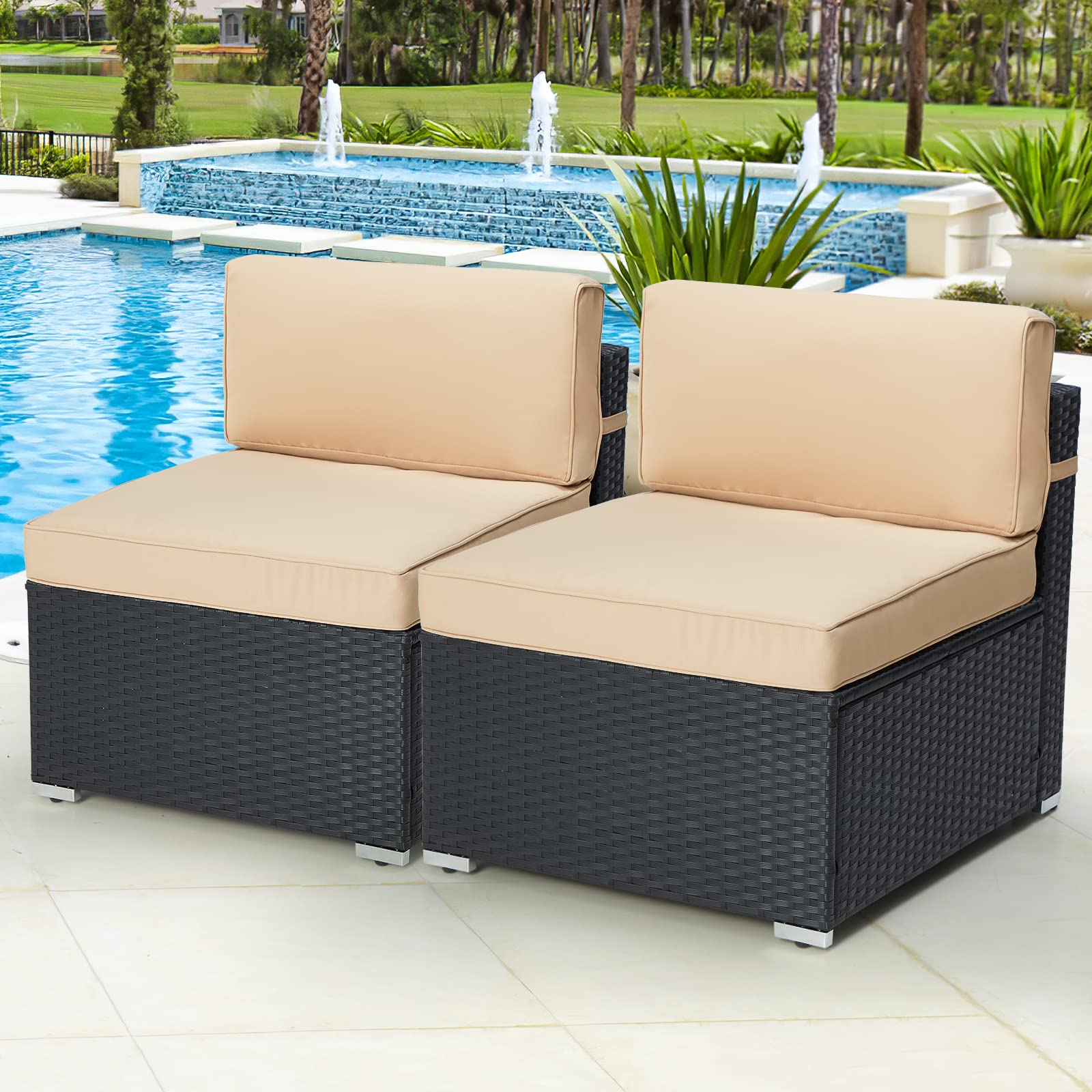 AECOJOY 2-Piece Outdoor Patio Furniture Set - Modern Black PE Rattan Loveseat Sectional Sofa with Beige Cushions - Perfect for Garden, Backyard, Poolside & Balcony Relaxation