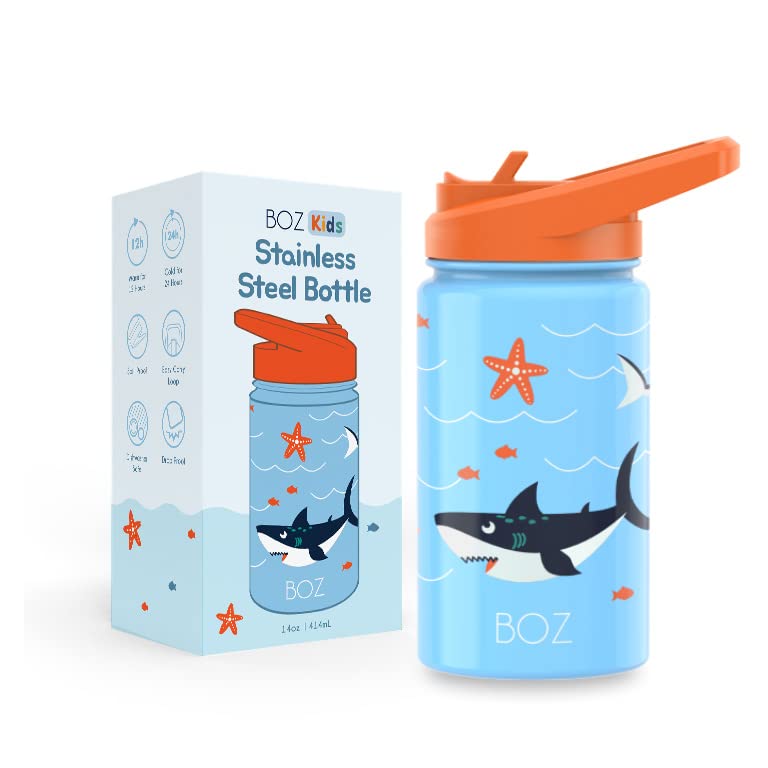 BOZ Stainless Steel Insulated Water Bottle for Kids & Toddlers - 14oz (414ml) Leak Proof with Straw Lid, Perfect for School, Travel & Outdoor Activities - Sharks Design