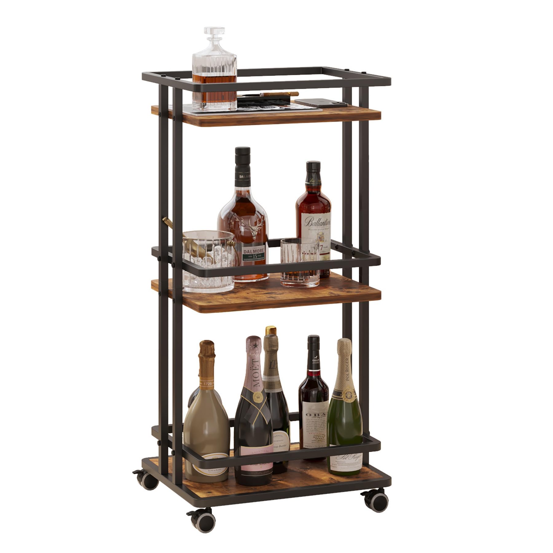 3-Tier Rolling Bar Cart with Wheels & Storage Shelves - Mobile Beverage Station for Coffee, Wine & Home Entertainment - Perfect for Living Room, Kitchen & Party Hosting