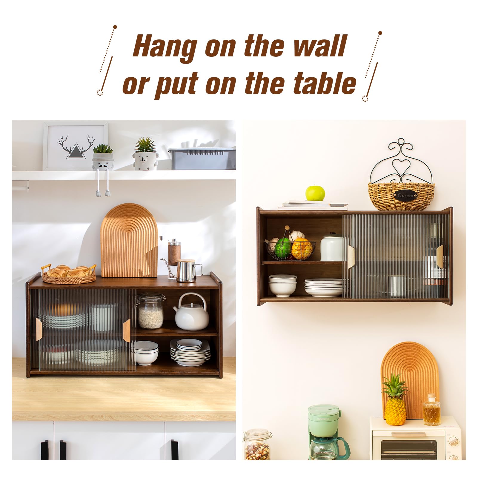 HollyHOME Small Bamboo Wall Mounted Kitchen Pantry Cabinet with 2 Doors - Coffee & Wine Bar Storage for Liquor, Glasses, Bottles & Dishes - Compact Sideboard for Dining Room, Living Room & Kitchen Organization (Walnut Finish)