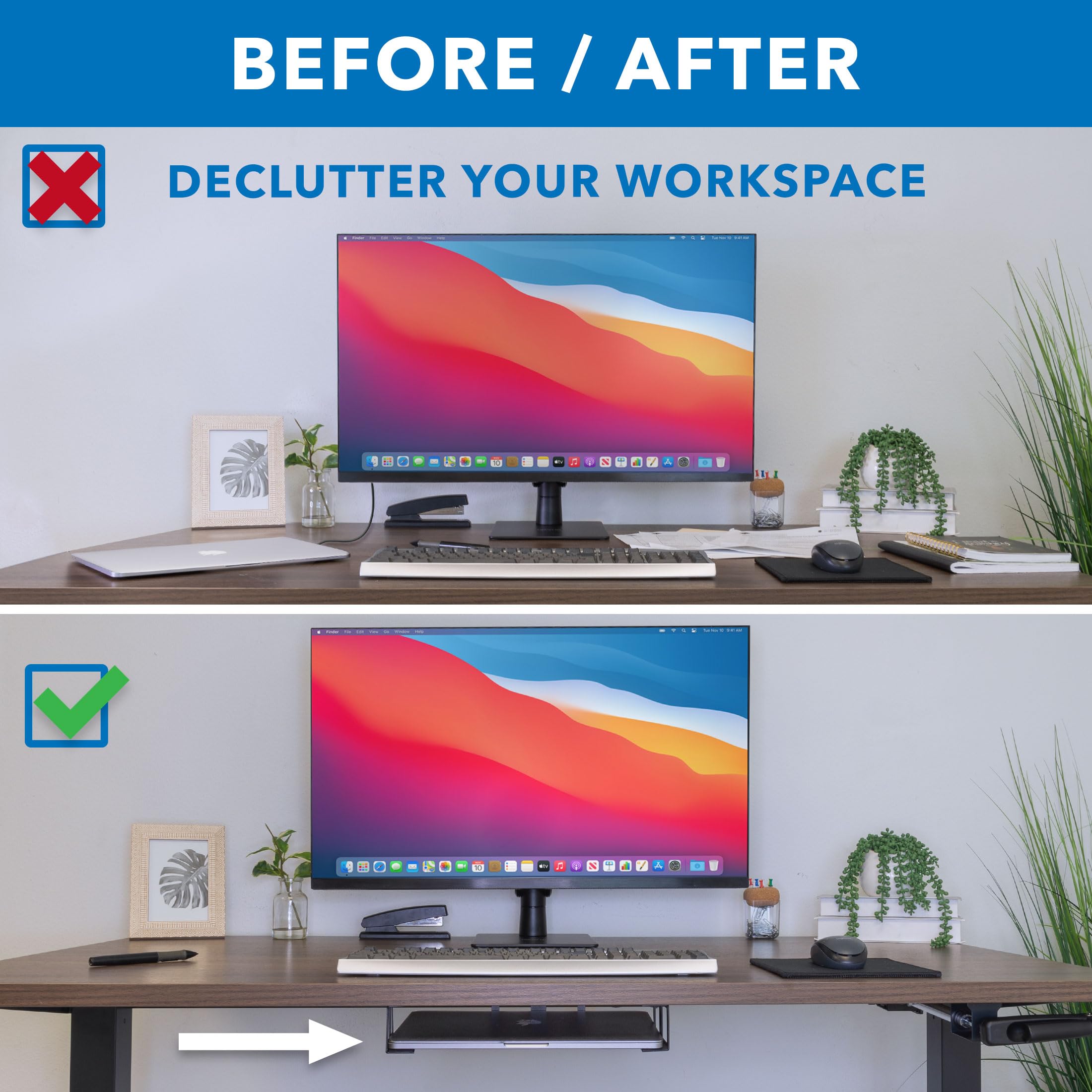 Mount-It! Under Desk Laptop Mount Holder - Space Saving Computer Organizer for MacBook, Mac Mini & Keyboard | Anti-Scratch Black Design | Perfect for Home Office, Gaming Setup & Small Workspaces