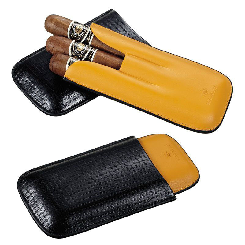 Premium Black & Yellow Leather 3-Finger Cigar Case – Luxury Cigar Holder for Travel, Gifts & Special Occasions | Perfect for Cigar Aficionados & Collectors
