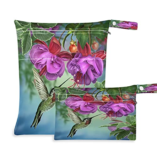 AUUXVA 2-Pack Waterproof Wet Dry Bags - Reusable Zippered Storage for Swimsuits, Wet Clothes & Diapers | Perfect for Beach, Pool, Gym, Yoga & Travel | Washable Hummingbird Floral Design with Dual Pockets