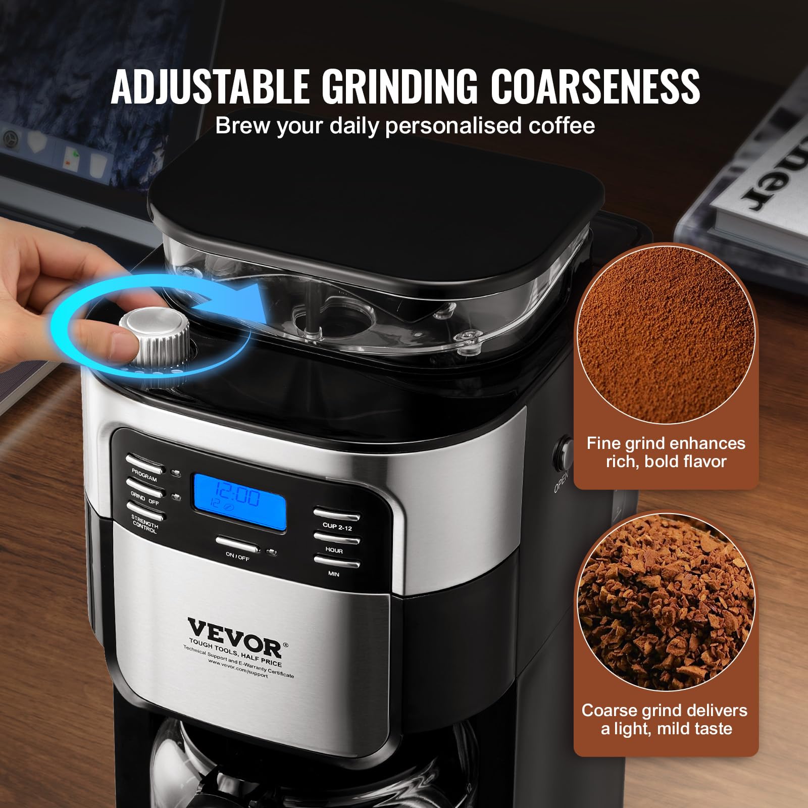VEVOR 12-Cup Coffee Maker with Built-in Grinder, 3-Strength Control & 24-Hour Programmable Timer - Automatic Grind and Brew Coffee Machine for Home, Office, Restaurant Use