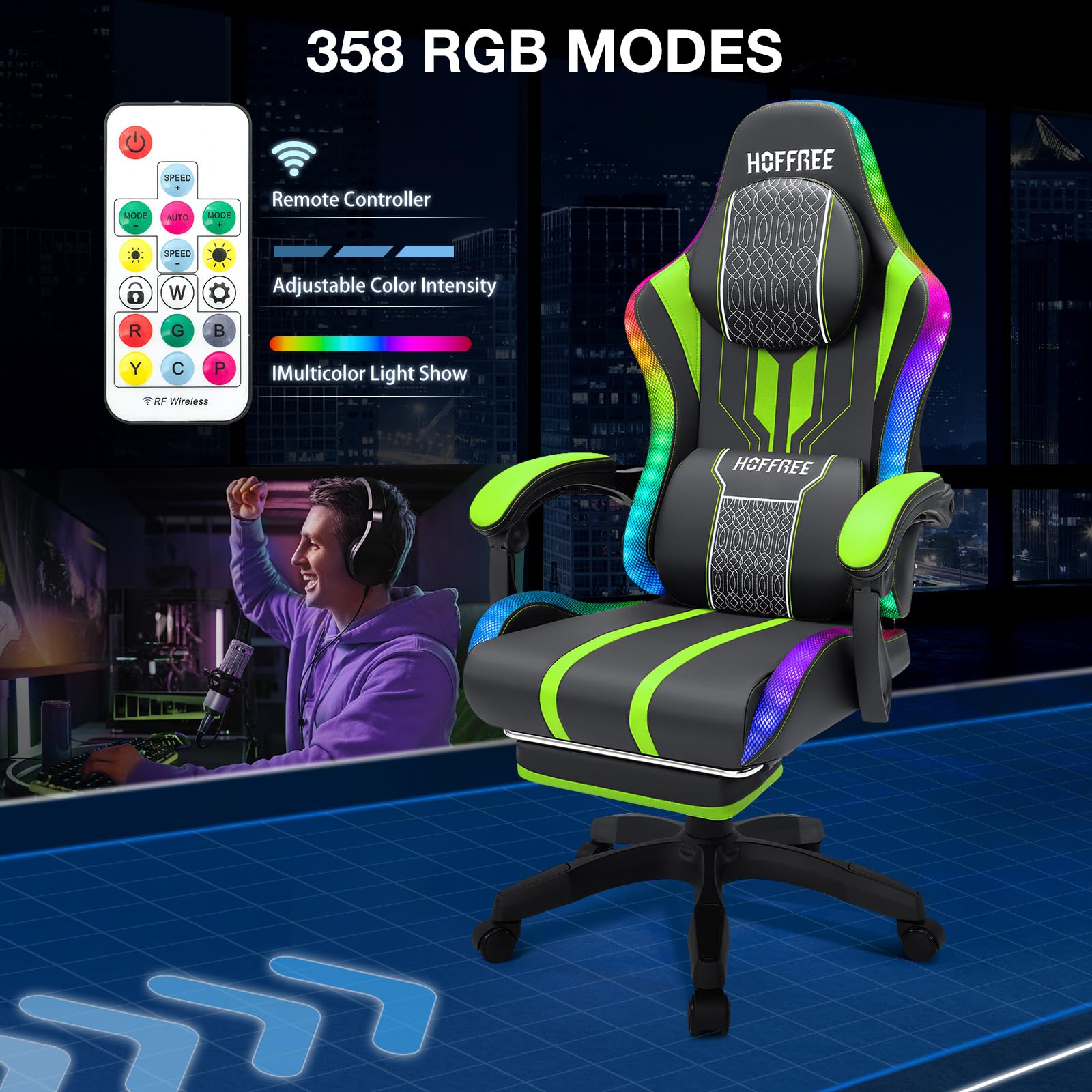 HOFFREE LED Gaming Chair with Massage & Speakers - Big and Tall Reclining Computer Desk Chair with Footrest - Supports 400lbs - Green and Black - Perfect for PC Gaming, Office Work, and Home Entertainment