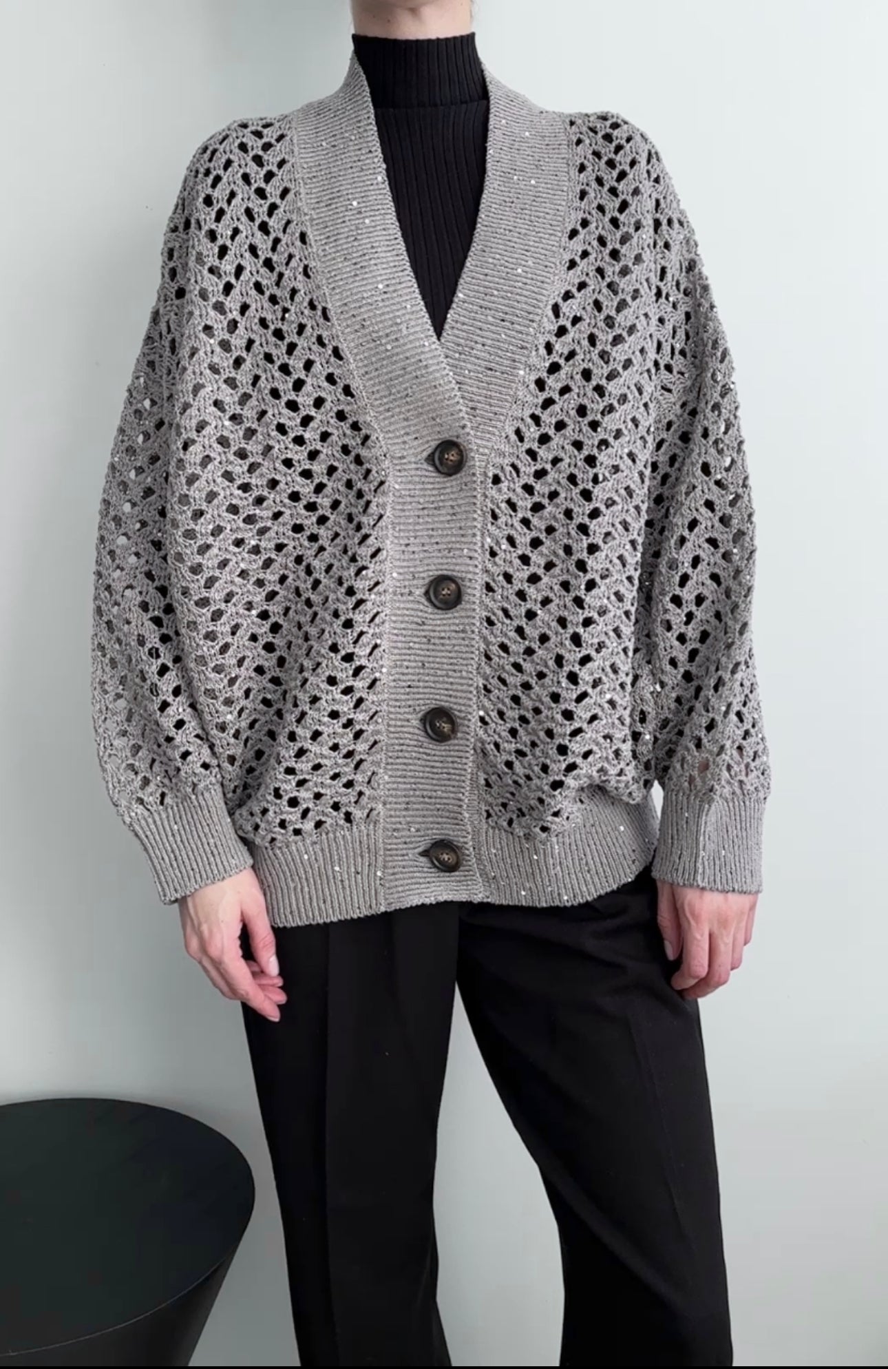 Brunello Cucinelli Grey Open Knit Sequin Cardigan Sweater for Women - Elegant Loose Fit Cashmere Blend Cardigan for Office, Party & Evening Wear