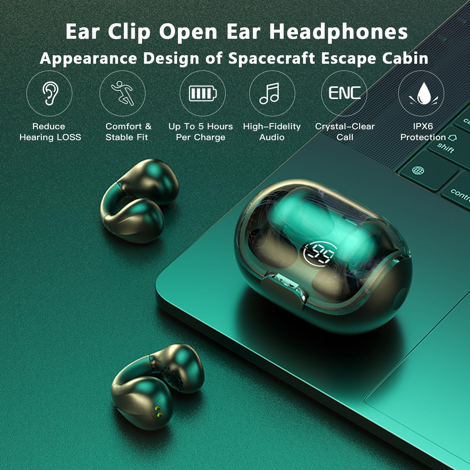 Wireless Clip-On Open Ear Headphones with Bone Conduction Technology - Bluetooth Earbuds for Running, Cycling & Outdoor Sports