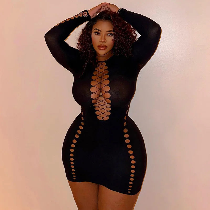 Black Hollow Out Sexy Mini Dress for Women - 2023 Spring New O-Neck Long Sleeve Bodycon Club Party Short Dress | Perfect for Night Out, Date Night, and Special Occasions