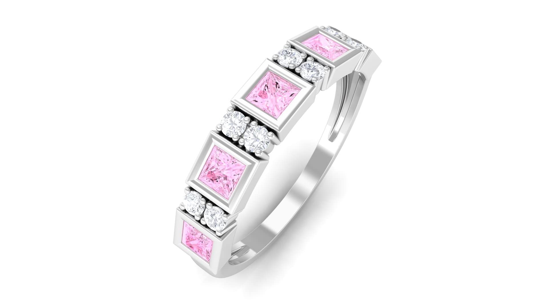 Pink Sapphire and Diamond Half Eternity Ring for Women - 14K Solid Gold Princess Cut Pink Sapphire Engagement Ring, Wedding Band, Anniversary Gift for Her - Perfect for Valentine's Day, Proposal, or Special Occasions