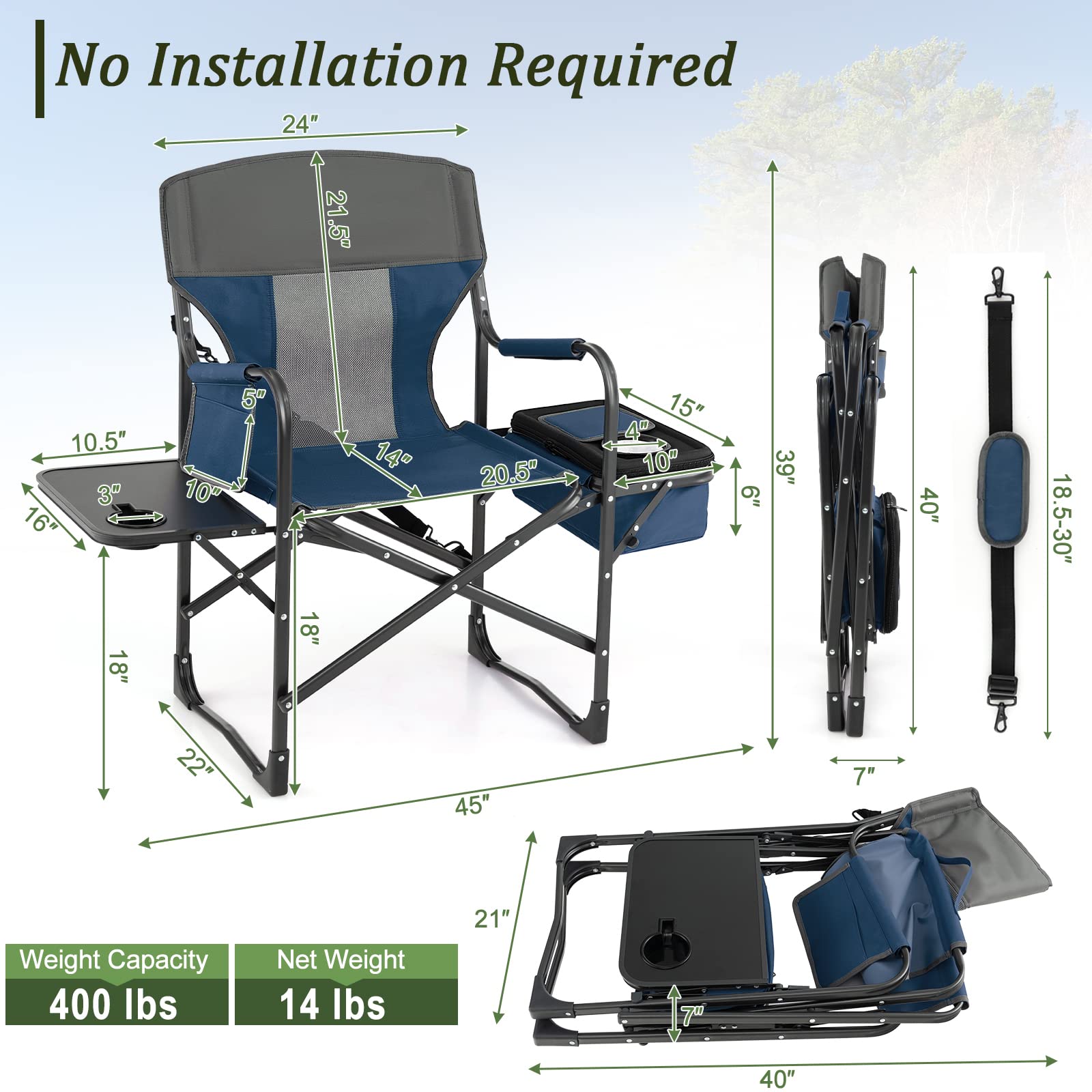 Giantex Heavy Duty Folding Camping Chair with Side Table & Cooler Bag - Portable Director Chair for Outdoor, Fishing, Picnic, Makeup & Artist Use - Supports 400 lbs - Blue