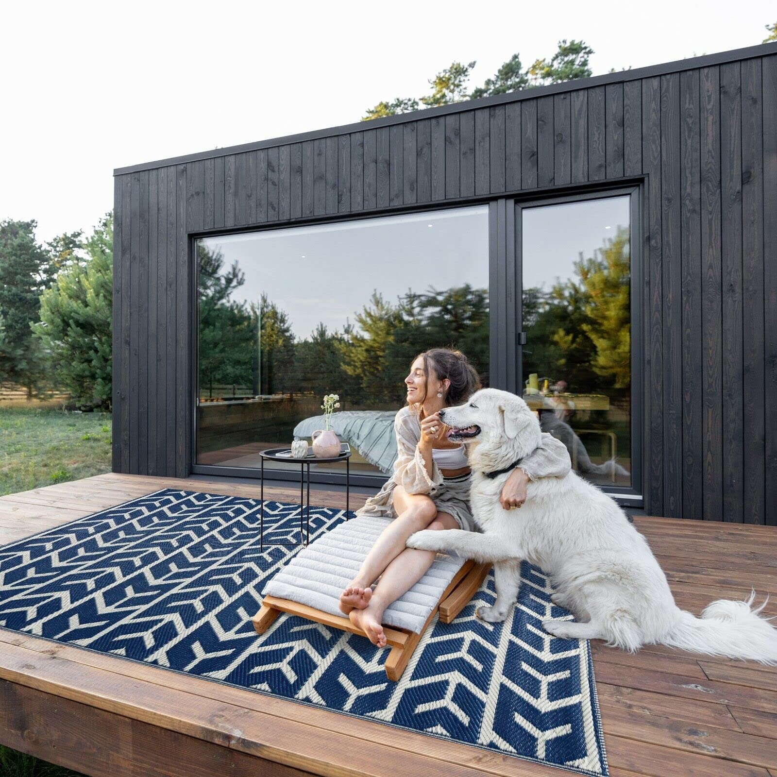 Premium Outdoor Rug - Waterproof, Crease-Free, Reversible, Lightweight, Rolled Design - Recycled Plastic Material - Weather, Stain, Fade & UV Resistant - Amsterdam Pattern in Navy & Creme (6'x9') - Perfect for Patio, Deck, Poolside & Garden Decor