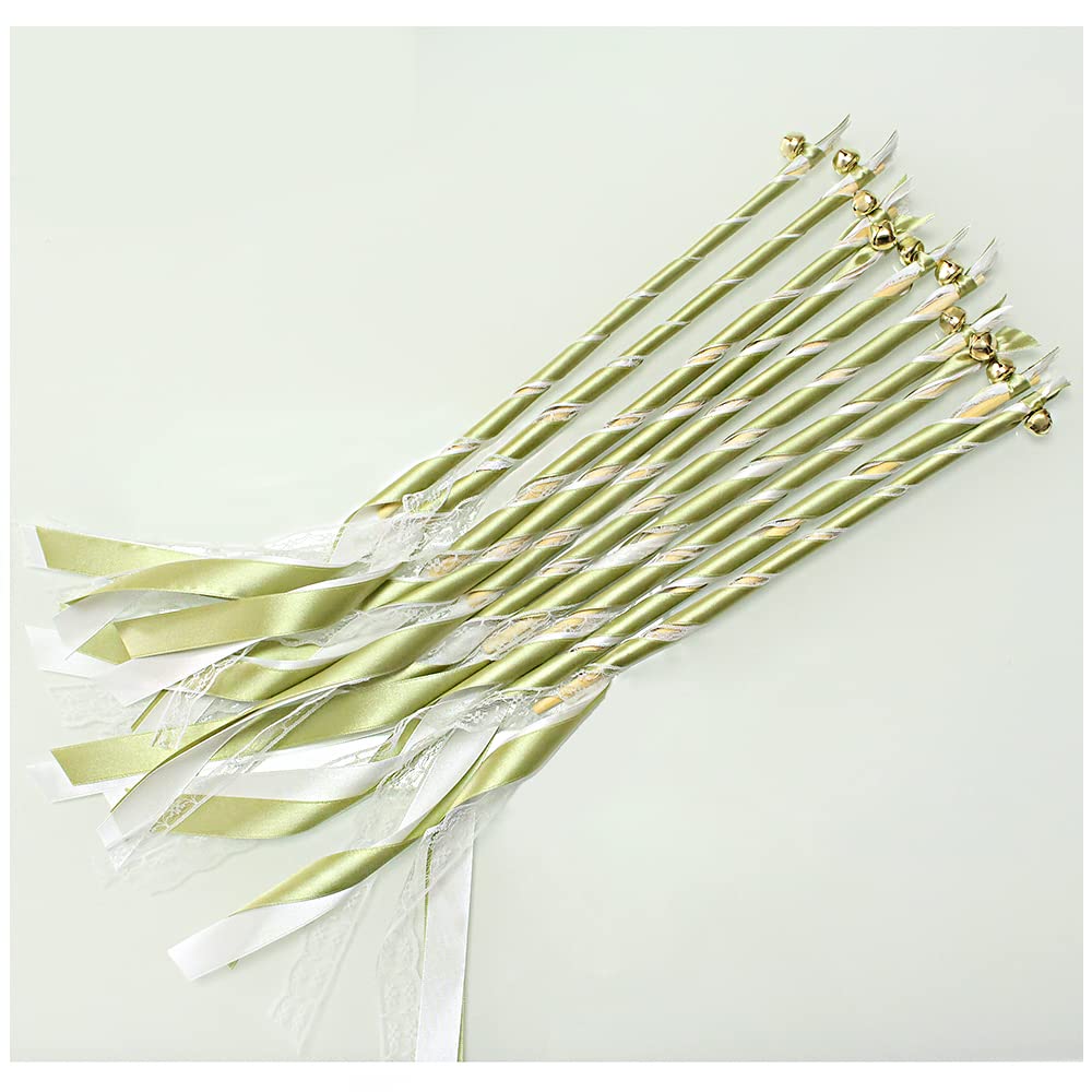 Romantic 40x Wedding Wands with Lace Ribbons & Bells - Wooden Ceremony Wands for Church Weddings, Bridal Showers & Fairy-Themed Parties (Dusk Green) | Perfect for Aisle Decorations, Reception Centerpieces & Photo Props