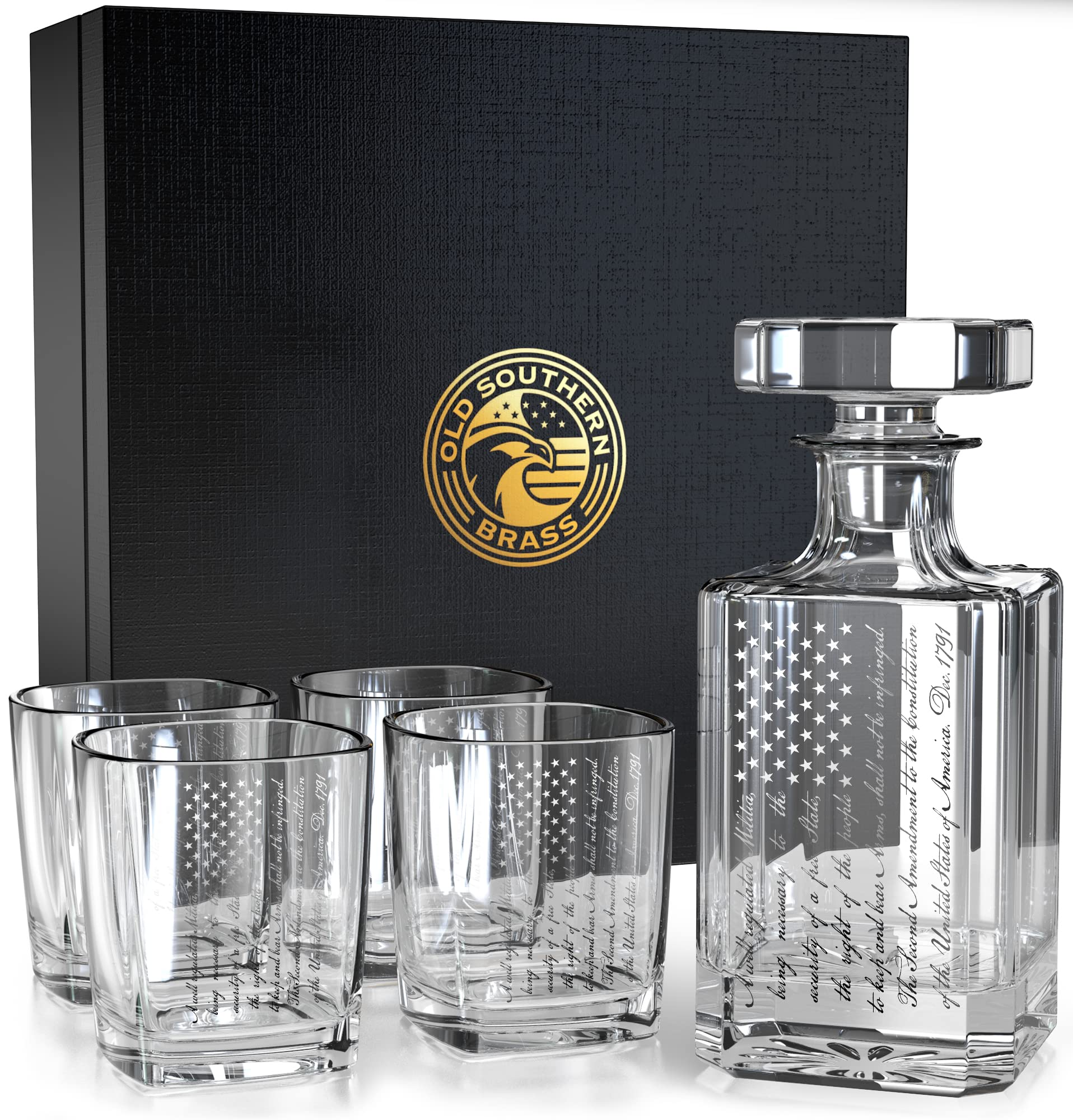 2A Patriotic Amendment Whiskey Decanter Gift Set - 5 Piece Glass Set with Premium Gift Box - Perfect for 4th of July, Veterans Day & Gun Enthusiast Gifts