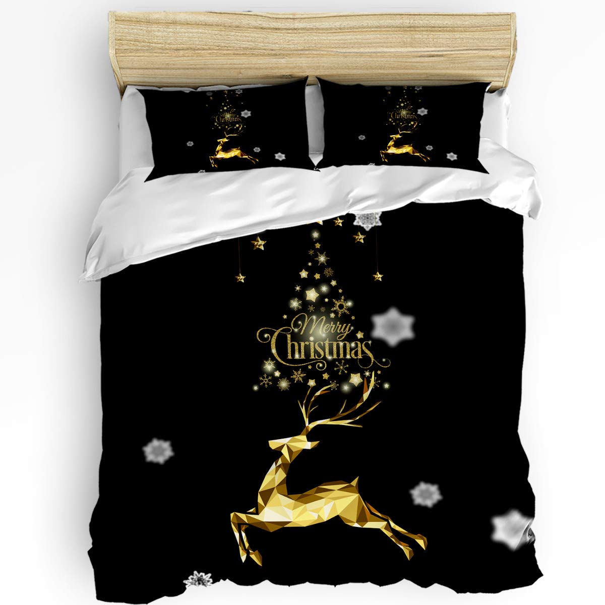 3 Pcs Queen Duvet Cover Set - Golden Elk Christmas Themed Soft Breathable Bedding with Zipper Closure & 2 Pillow Shams (Comforter Not Included) | Cozy Holiday Home Decor for Bedroom, Guest Room & Christmas Party Decoration