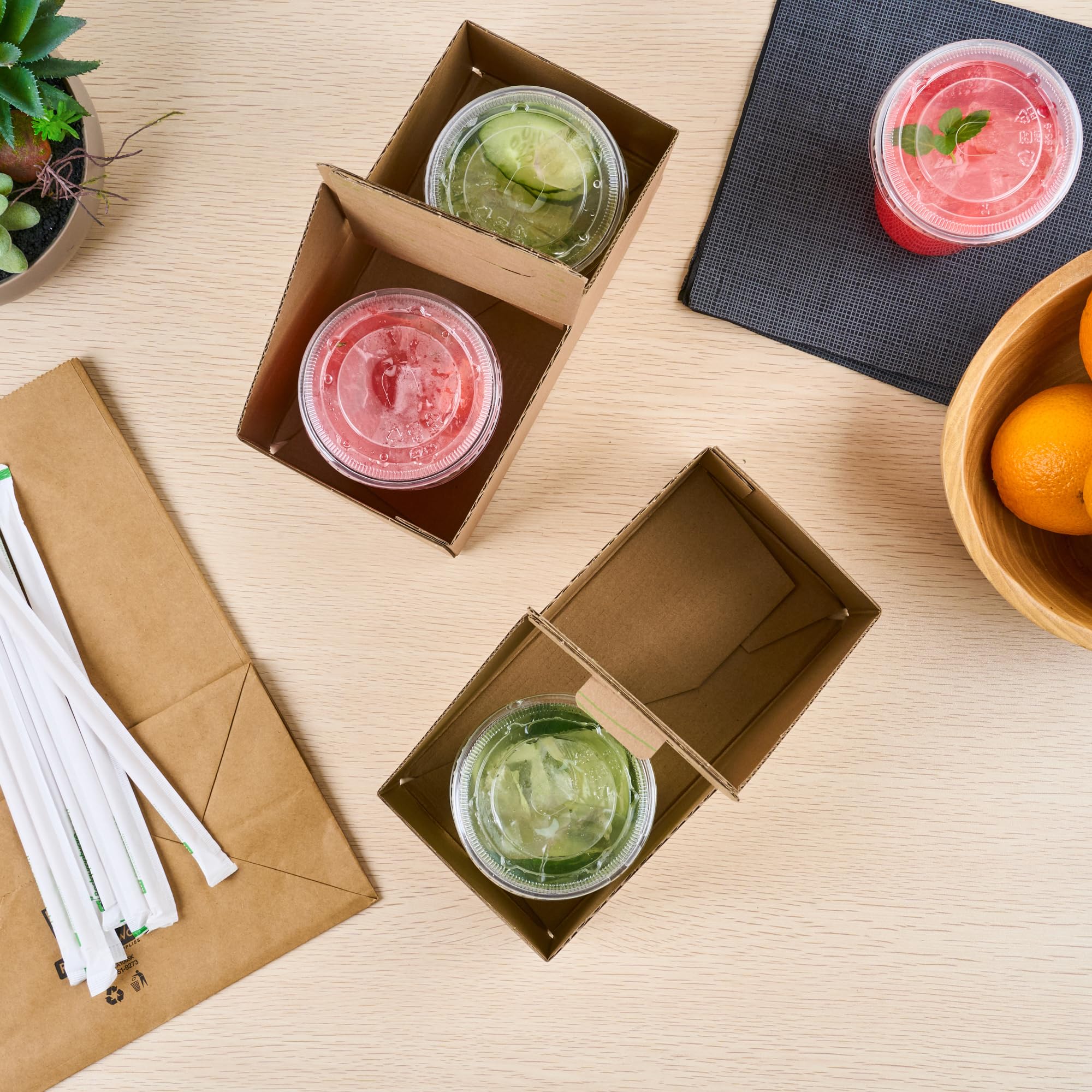 Restaurantware Cater Tek 100-Pack Disposable Cup Carriers with Handles - Kraft & Green Paper Drink Holders for 2 Cups, Perfect for Delivery, Takeout, Coffee Shops, and Beverage Businesses