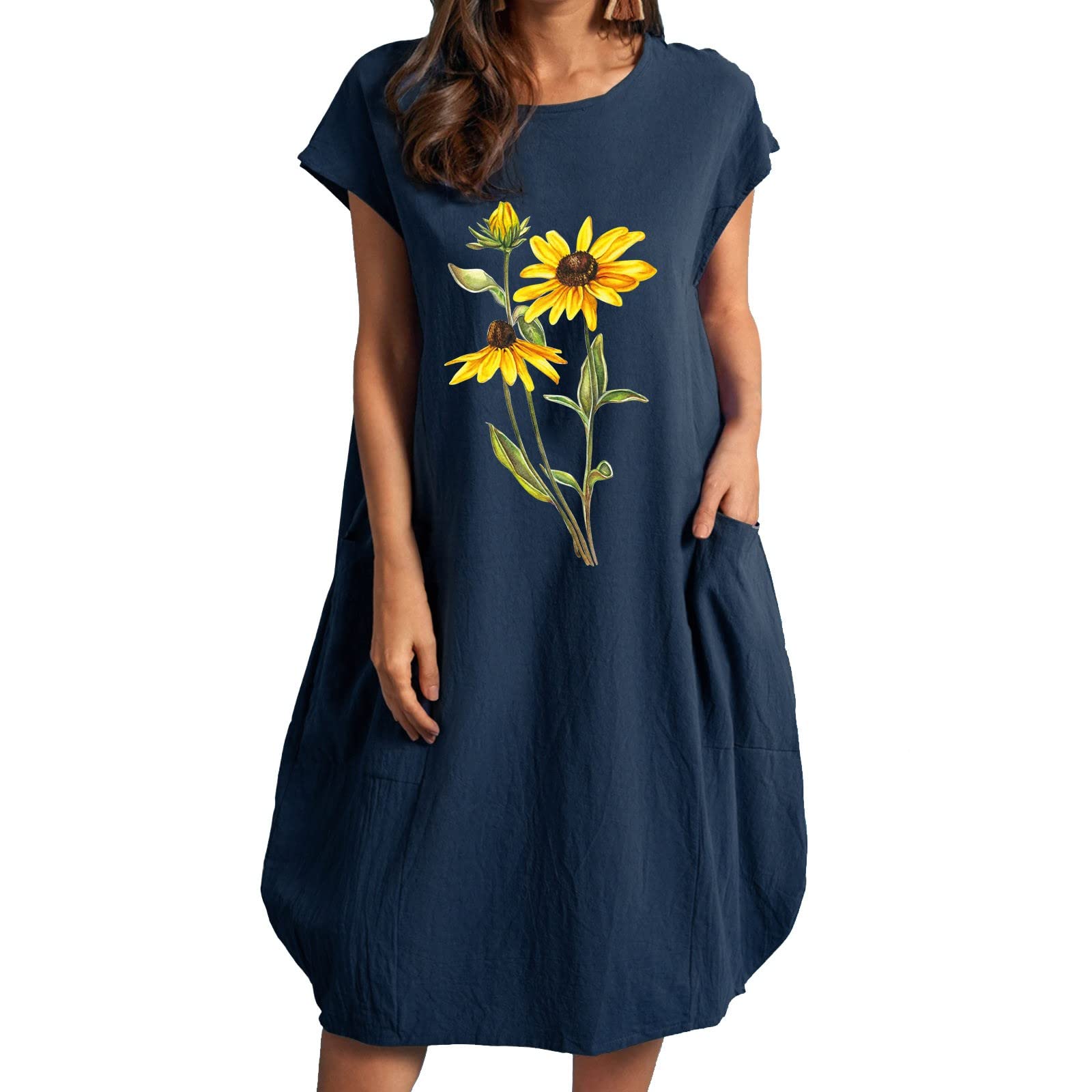 One Shoulder Sunflower Print Dress for Women - Loose Fit Short Sleeve Summer Dress with Round Neck | Beach Vacation, Date Night, Casual Outfit