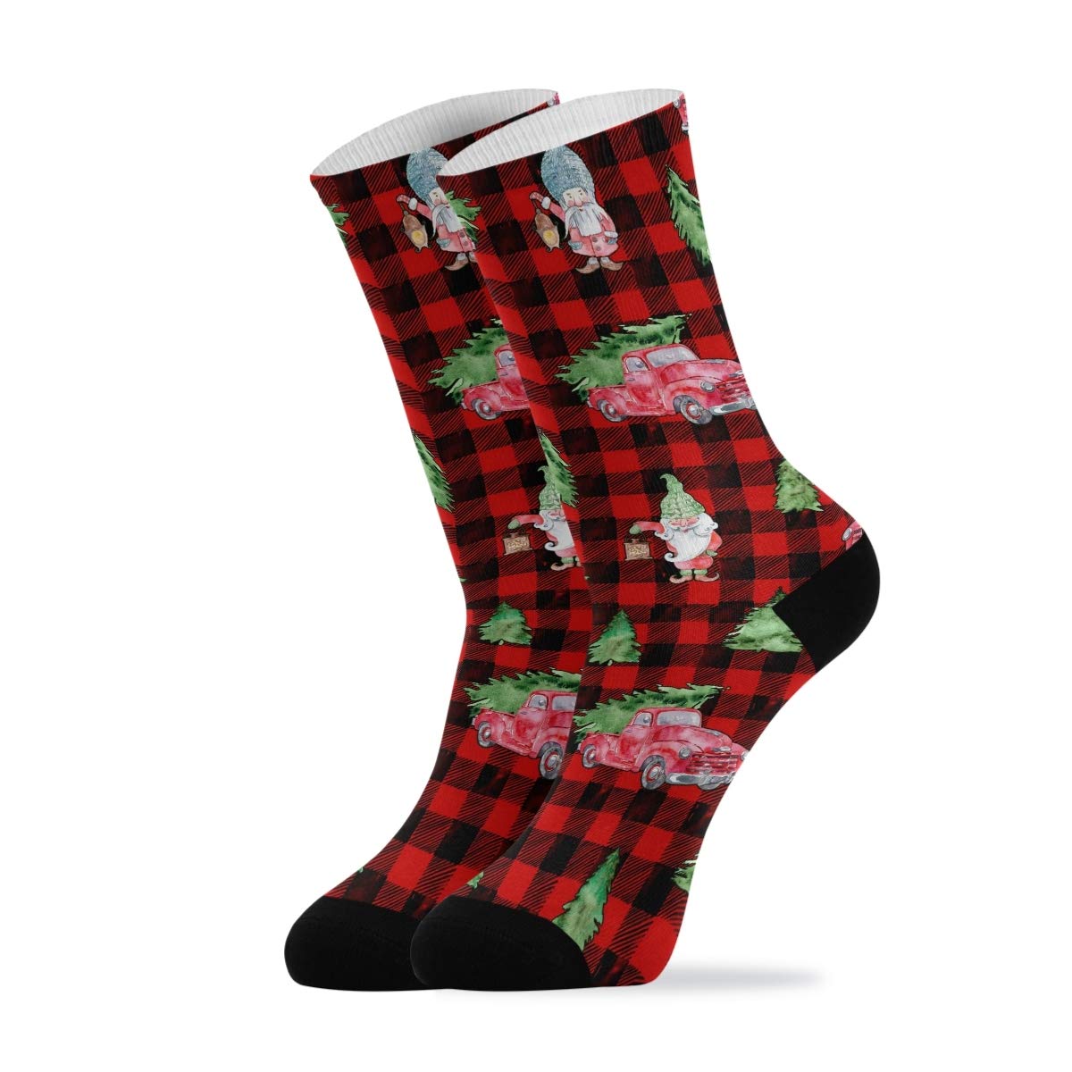 **Men's & Women's Christmas Buffalo Red Black Pattern Old Trucks Gnomes Crew Socks - Novelty Cushioned Casual Socks (1 Pair) - Perfect for Holiday Gifts, Festive Outfits & Cozy Winter Wear**