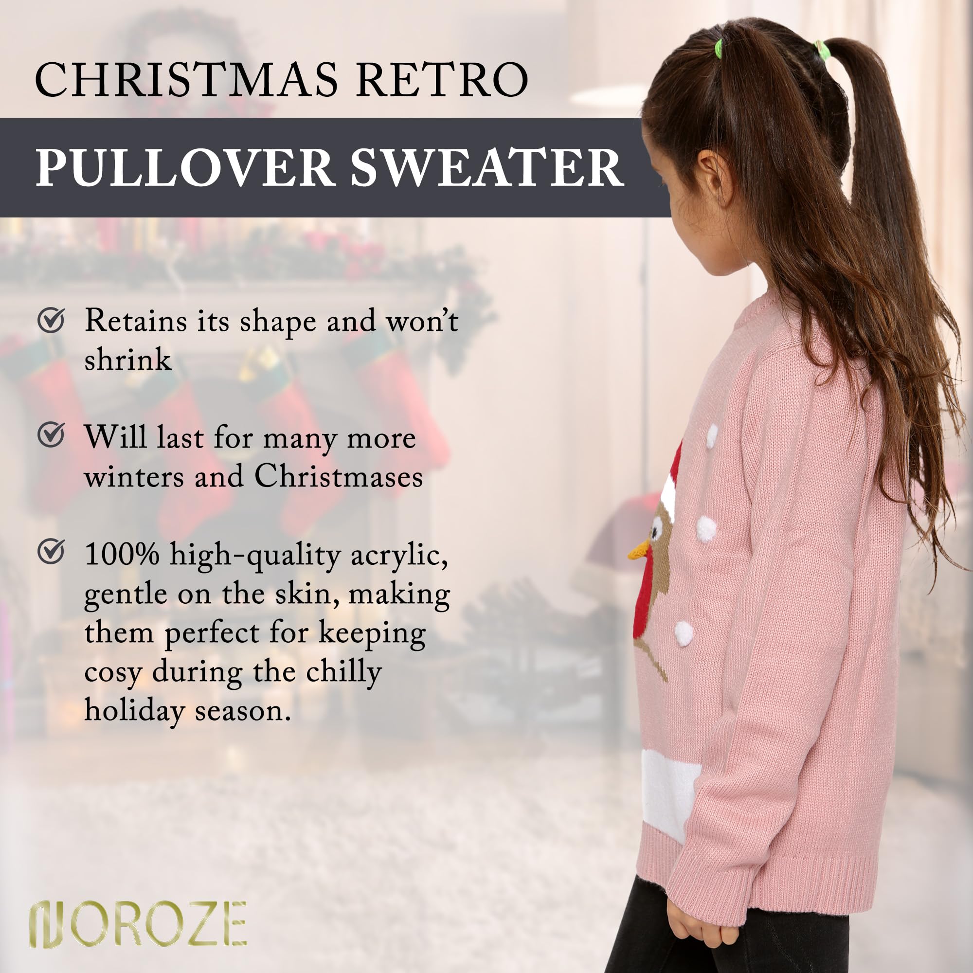 NOROZE Girls Christmas 3D Jumper - Kids Bird & Reindeer Retro Pullover Sweater - Cozy Holiday Outfit for Family Photos & Christmas Parties