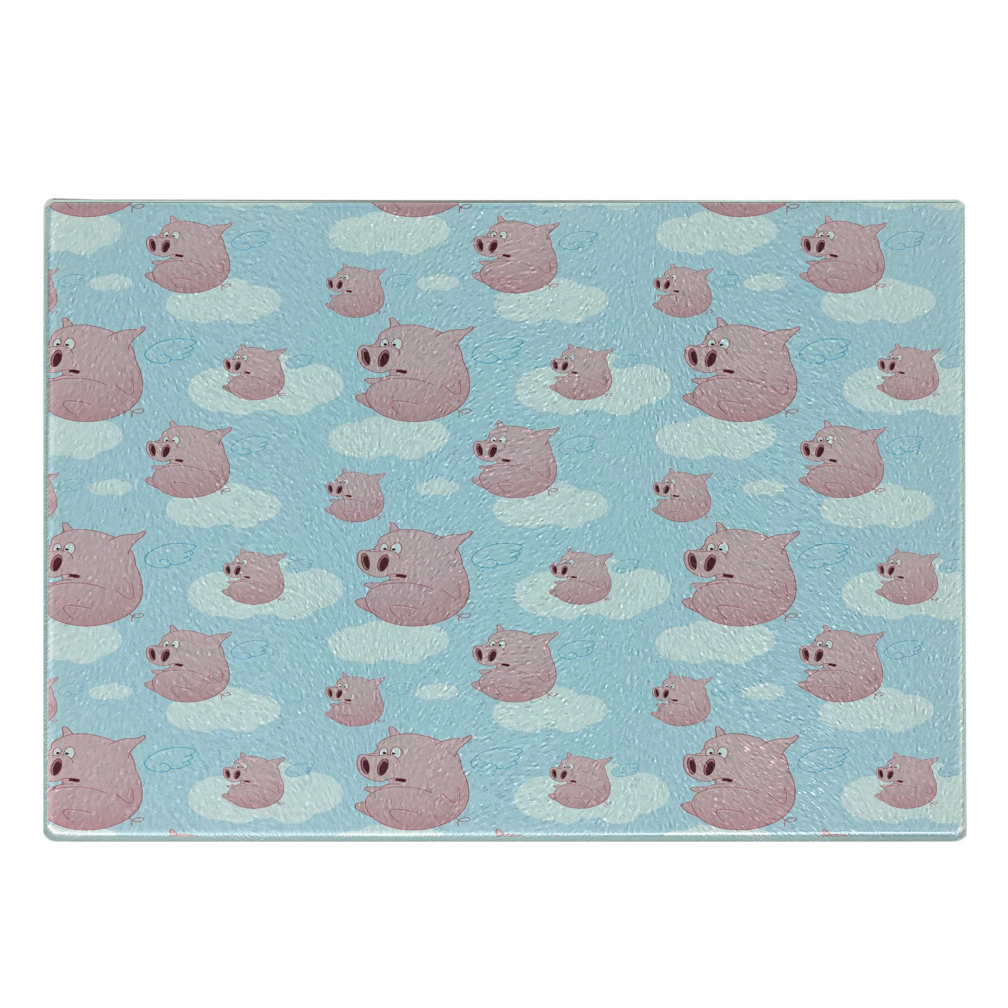 Lunarable Pig Themed Cutting Board - Cartoon Style Flying Pigs with Clouds Design - Durable Tempered Glass Serving Board (Small Size, Pale Blue/White/Pink) - Perfect for Kitchen Decor, Cheese Platters & Gift Giving