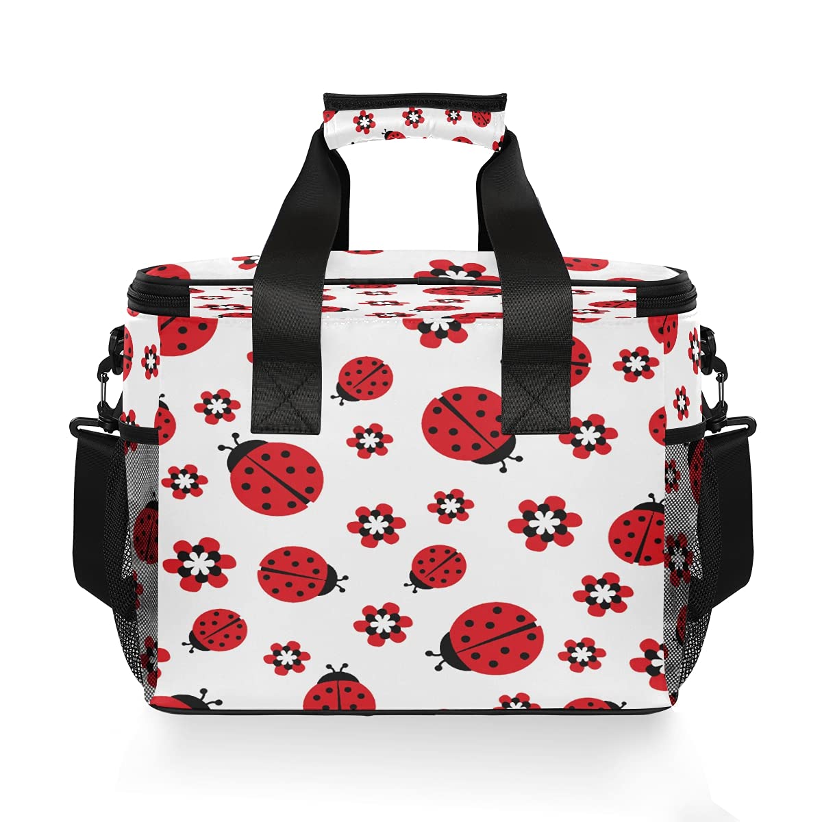 AUUXVA Large Insulated Cooler Bag - Waterproof, Leakproof & Reusable for Camping, Picnic, Beach & Travel - Floral Red Ladybug Design Lunch Tote for Outdoor Activities & Daily Use