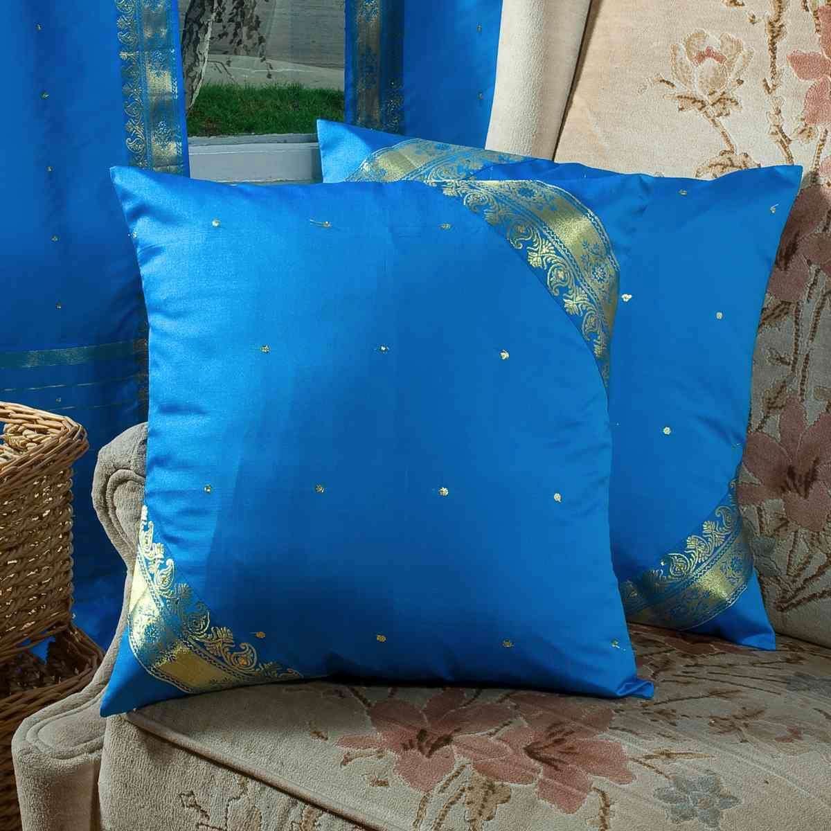 Handmade Sari Cushion Covers Set of 2 - Blue Boho Throw Pillow Covers 20x20 Inches with Zipper | Indian Sari Home Decor for Living Room, Bedroom & Sofa | Perfect for Bohemian, Ethnic & Eclectic Style Interiors