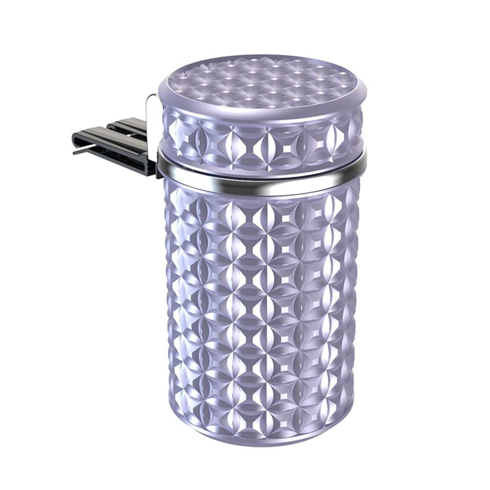 Portable Car Ashtray with Lid - Windproof & Smell Proof Mini Trash Can for Cars, Universal Car Holder Accessory with Blue LED Light Indicator (White & Purple Crystal Diamond Design) - Perfect for Road Trips, Commuting & Keeping Your Vehicle Clean