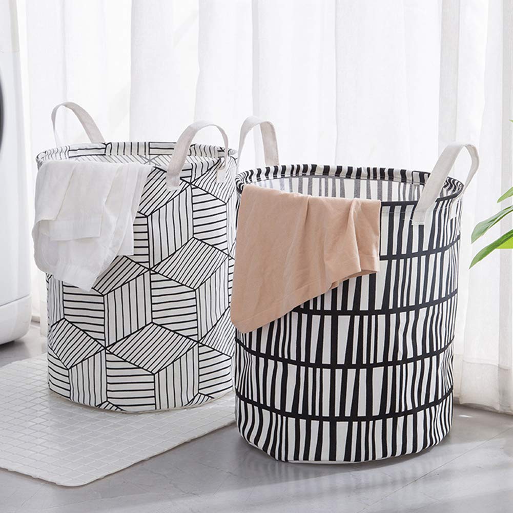 Round Folding Grid Laundry Storage Basket - Breathable Clothes Organizer Bin for Bedroom, Bathroom & Closet Organization (Stripe Pattern) - Perfect for Socks, Underwear & Toy Storage