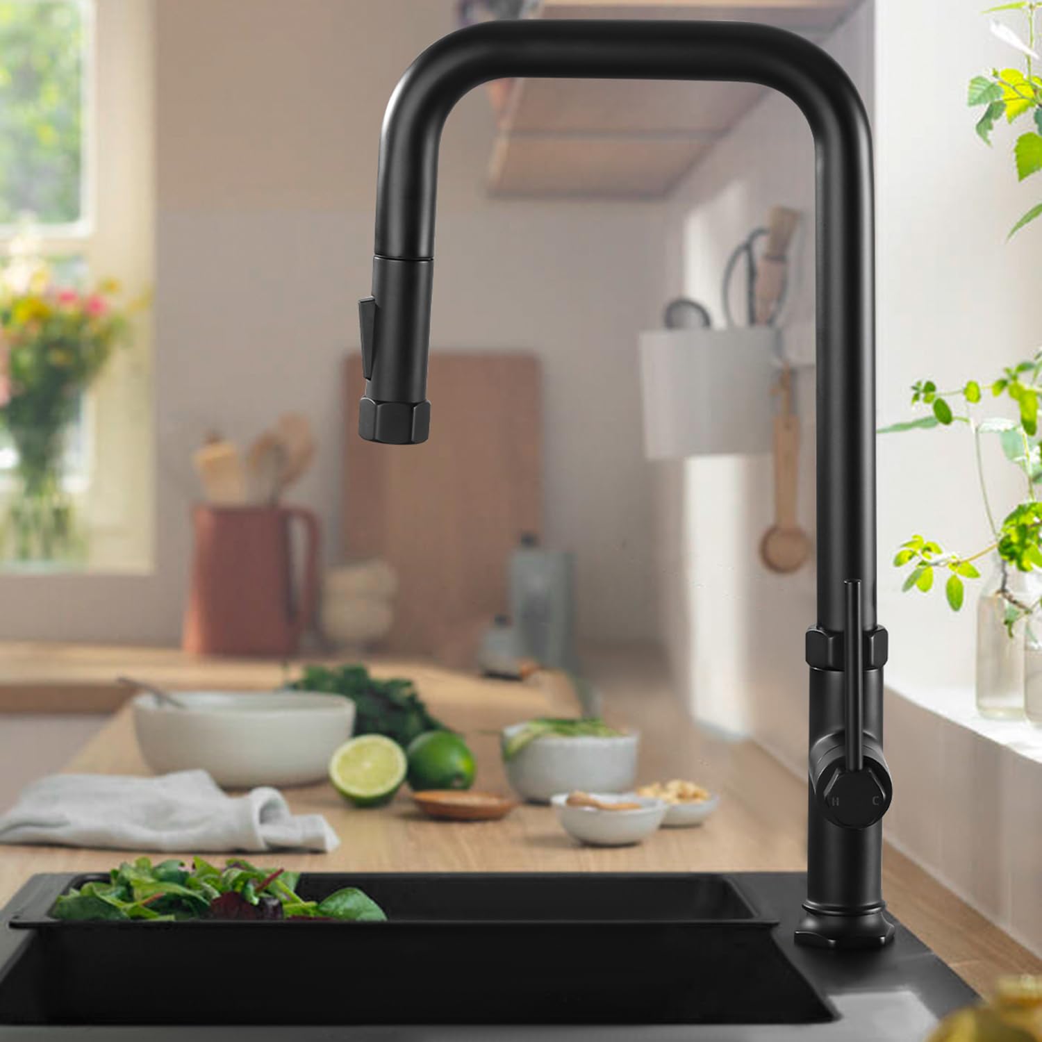 Vintage Matte Black Kitchen Faucet with Pull Down Sprayer - 17 Inch Brass Sink Faucet with Deck Plate - Perfect for Farmhouse, Rustic & Modern Kitchens