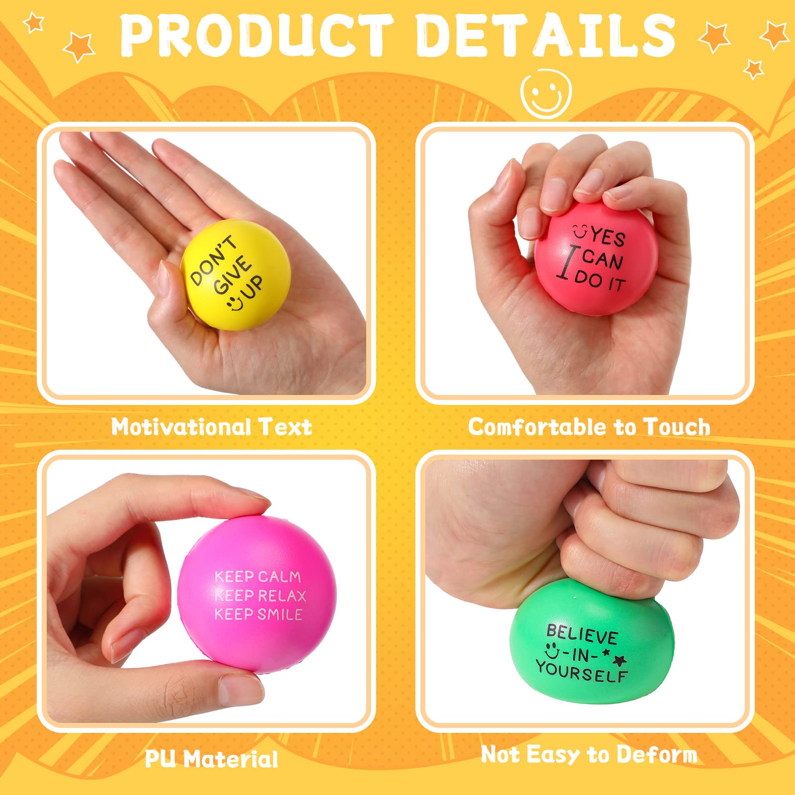 60 Pack Motivational Stress Relief Balls - 1.97 Inch Inspirational Anxiety Relief Squeeze Toys with Encouraging Quotes, Colorful Foam Hand Exercise Balls for Office, Classroom & Home Stress Relief (Bright Colors)