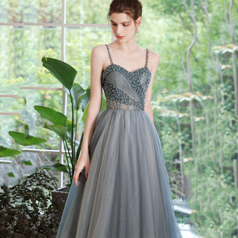 Elegant Beaded Blue Tulle Prom Dress with Spaghetti Straps - Formal Evening Gown for Homecoming, Quinceañera & Special Occasions