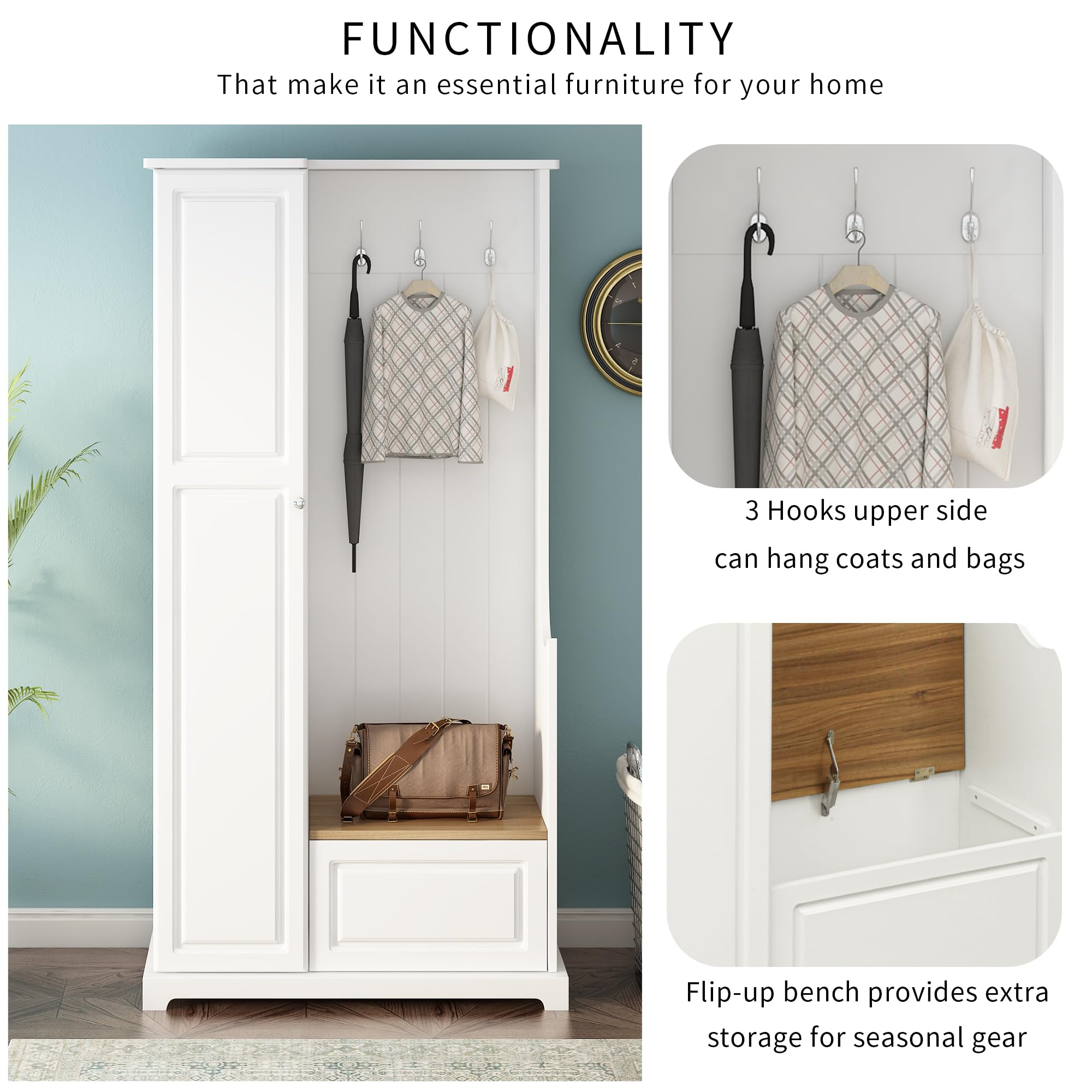 Multifunctional Hall Tree with Bench, Shoe Storage & Coat Rack - 3-in-1 Entryway Organizer with Flip-Up Storage & Adjustable Shelves, White Wooden Tall Cabinet - Perfect for Small Spaces, Apartments & Home Entryway Organization