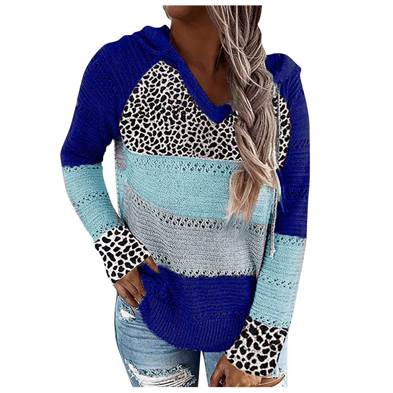 Women's Casual Lightweight Hollow V-Neck Striped Zipper Hoodie Sweater - Soft & Comfortable Pullover for Fall, Winter, and Spring Layering